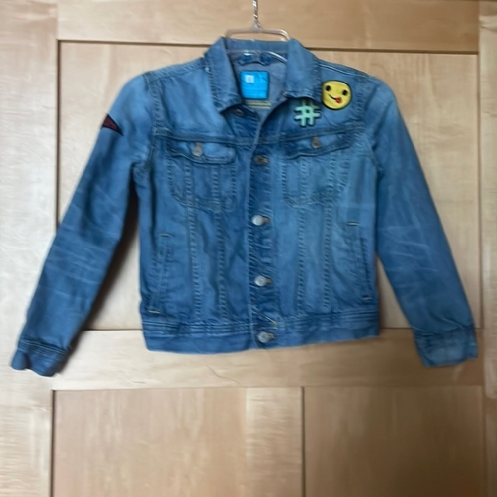 GAP‎ Kids Girls Large (10-11) Graphic Jean Jacket With Patches Light Wash Cotton
